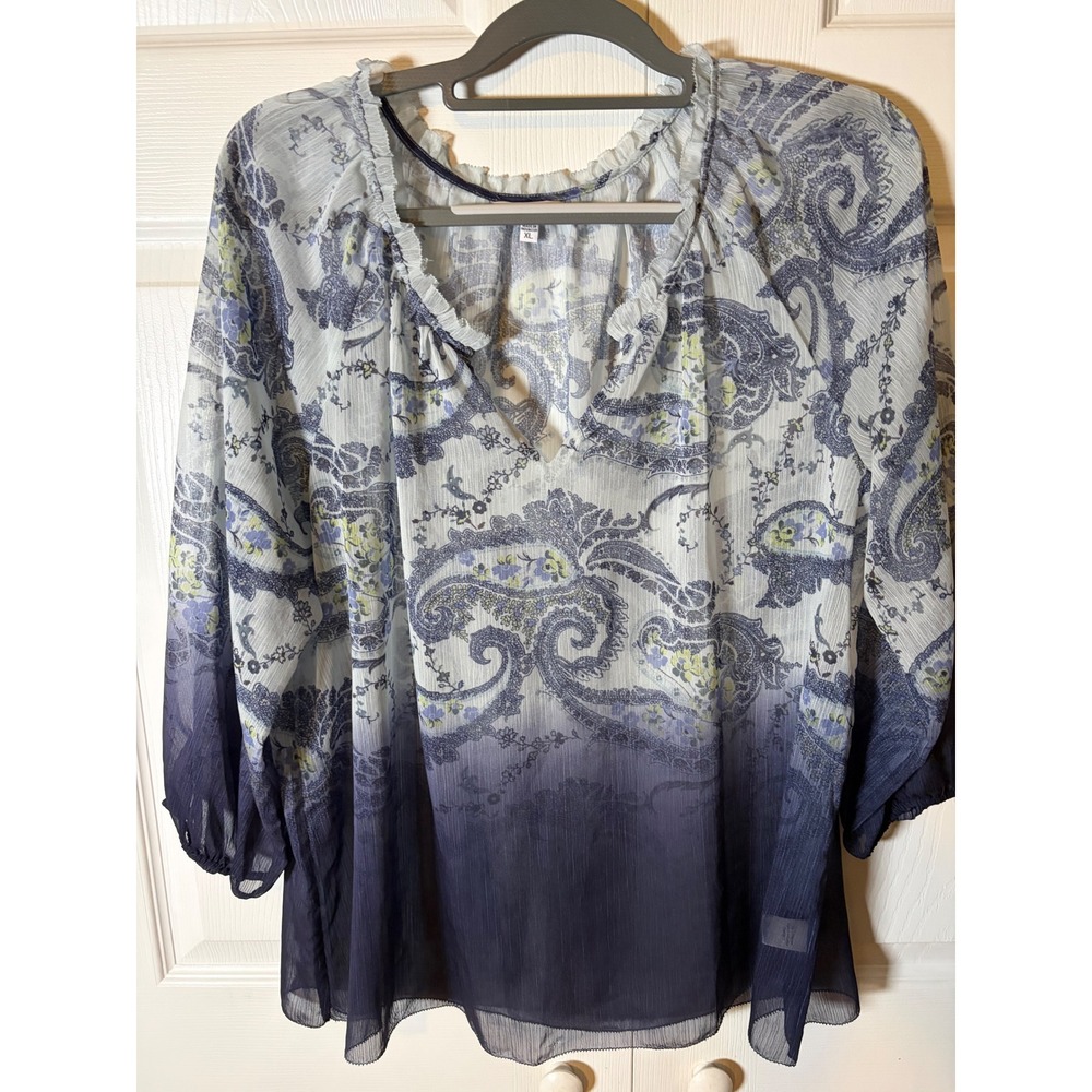 Sonoma Goods For Life Womens XL Paisley Ombre Chiffon Blouse Blue 3/4 Sleeve Top